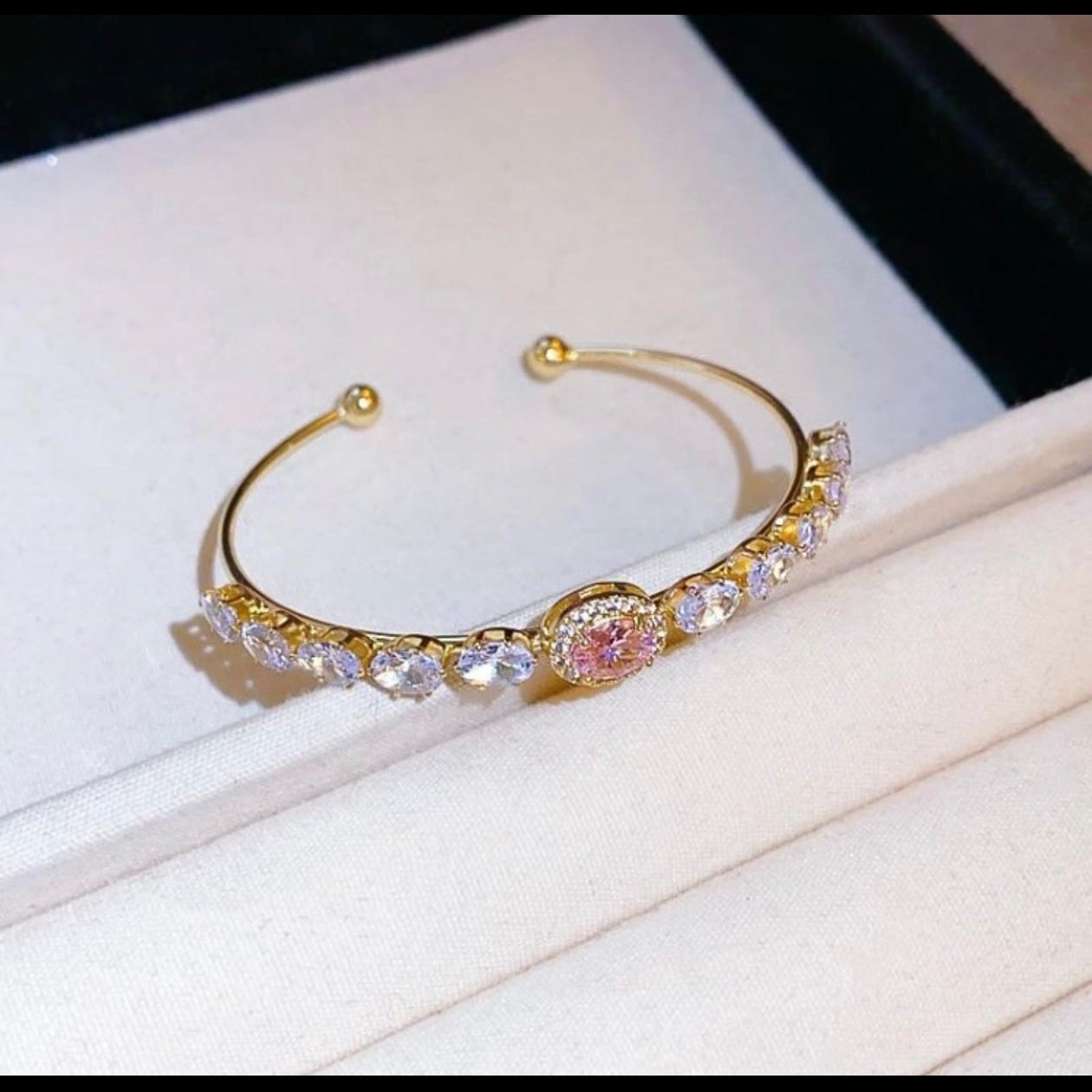 Elegant Gold plated Pink Crystal Open Cuff Bracelet