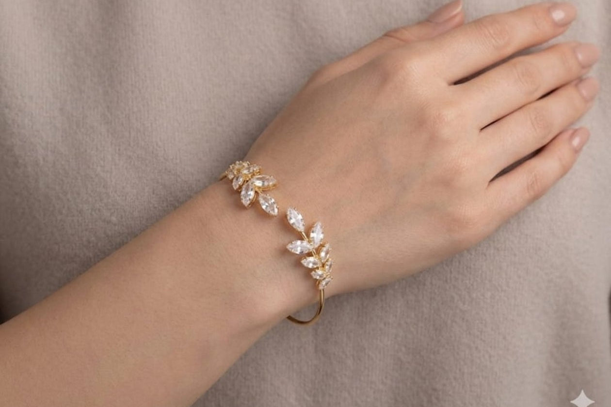 Gold Plated Crystal Leaf Open Cuff Bracelet