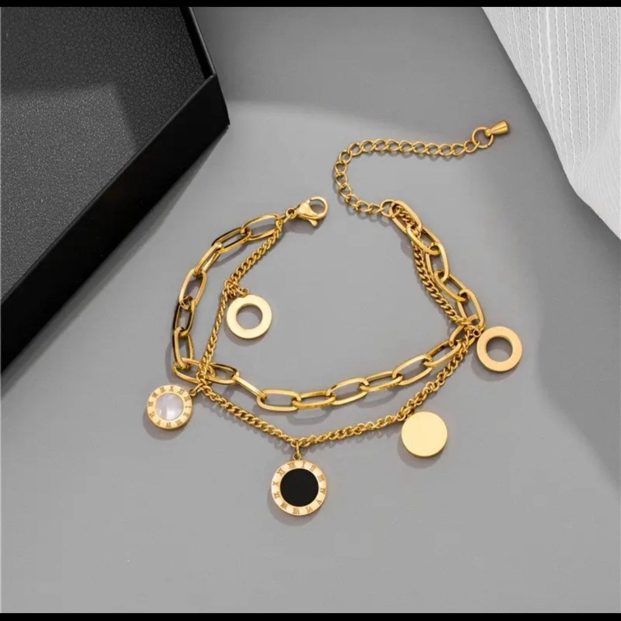 Luxury 18K Gold Plated Black & White Charm Bracelet for Women Premium Adjustable Bracelet