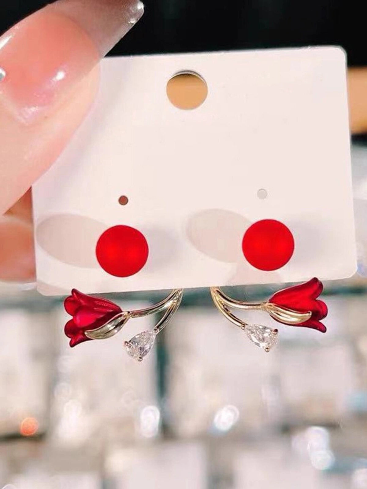 Elegant Red Tulip Pearl Stud Earrings