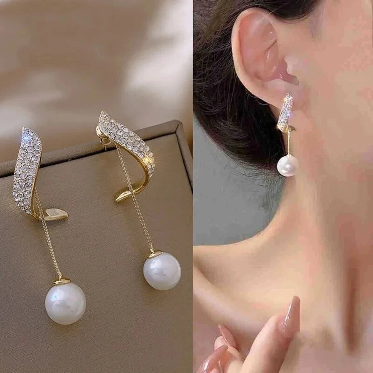 Elegant Crystal Leaf Pearl Drop Earrings