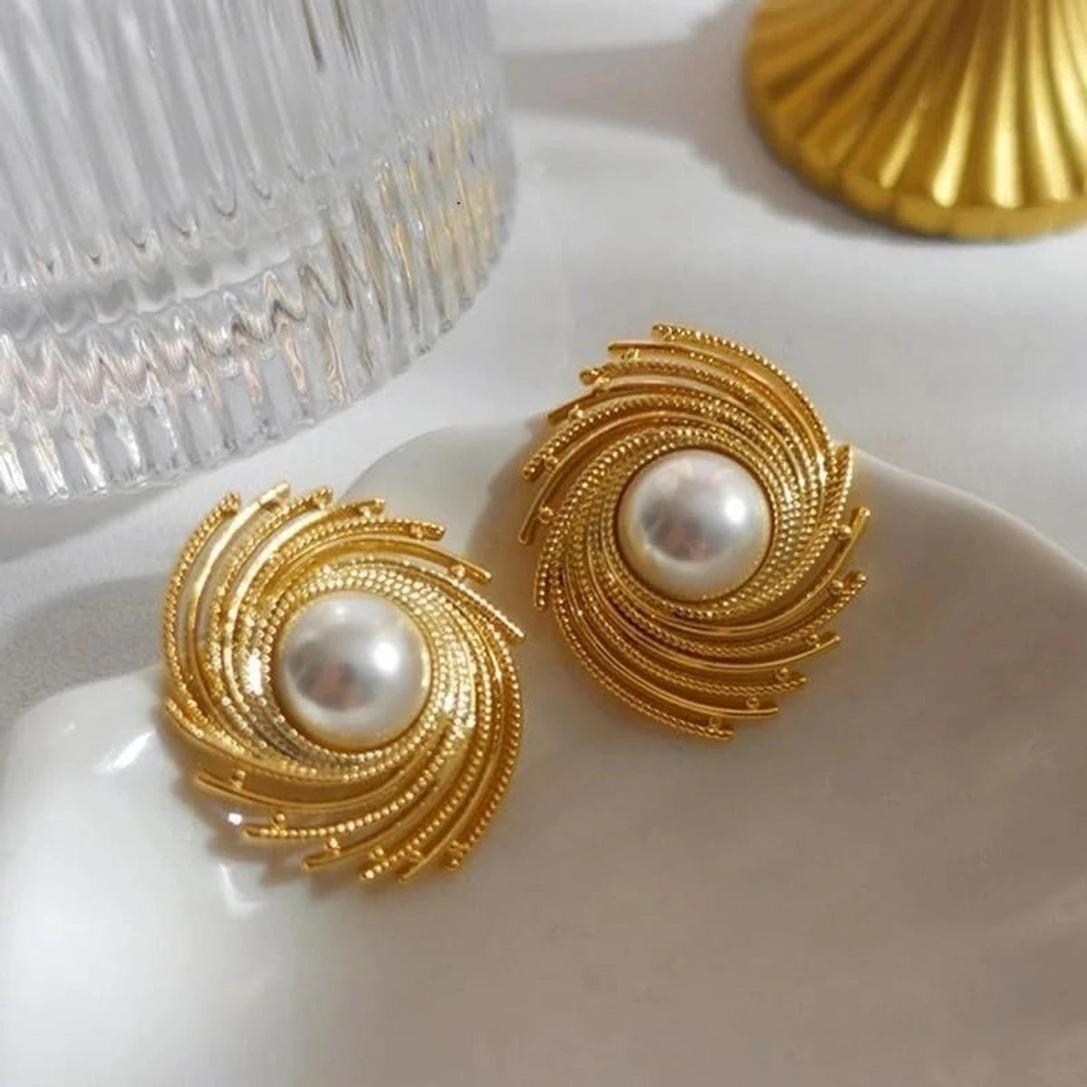 Vintage Pearl Spiral Stud Earrings