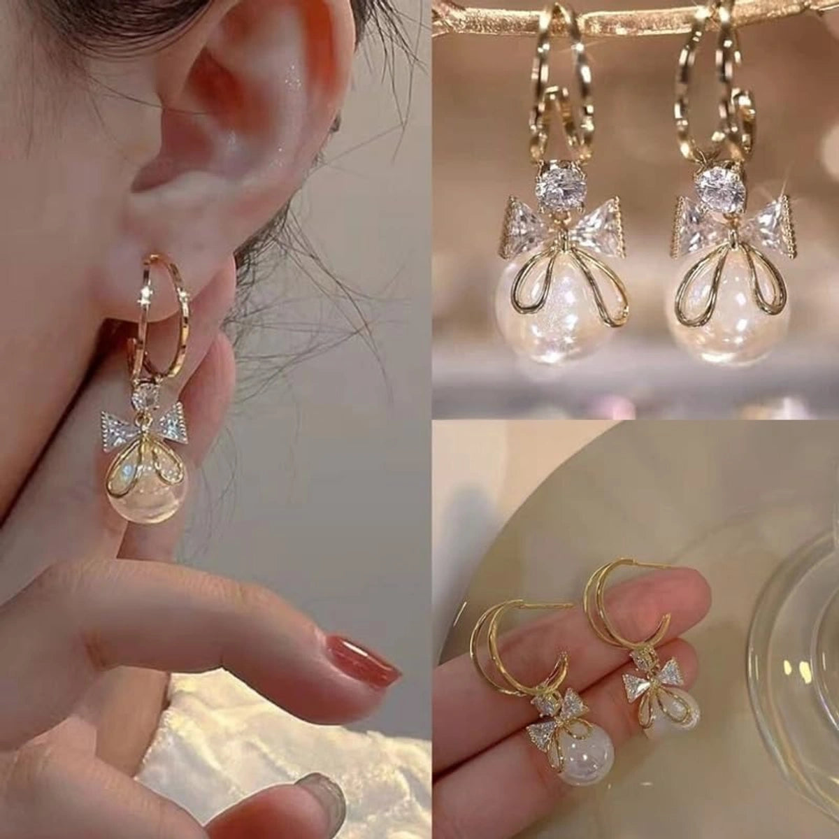 Elegant Pearl Bow Hoop Earrings