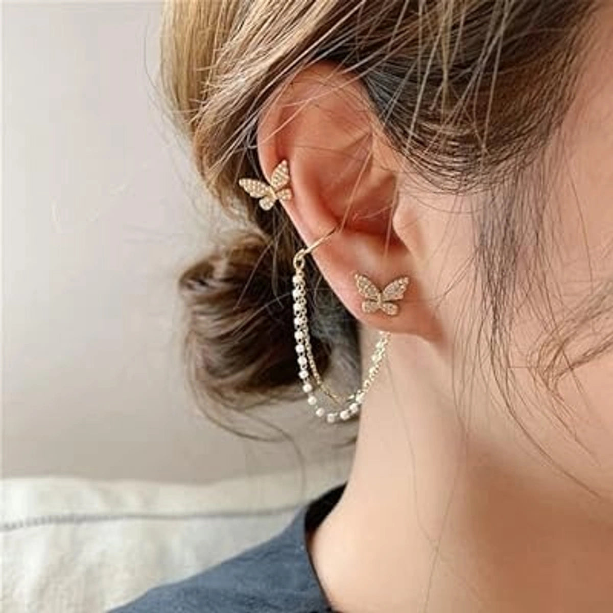 Butterfly Pearl Chain Ear Cuff Earrings