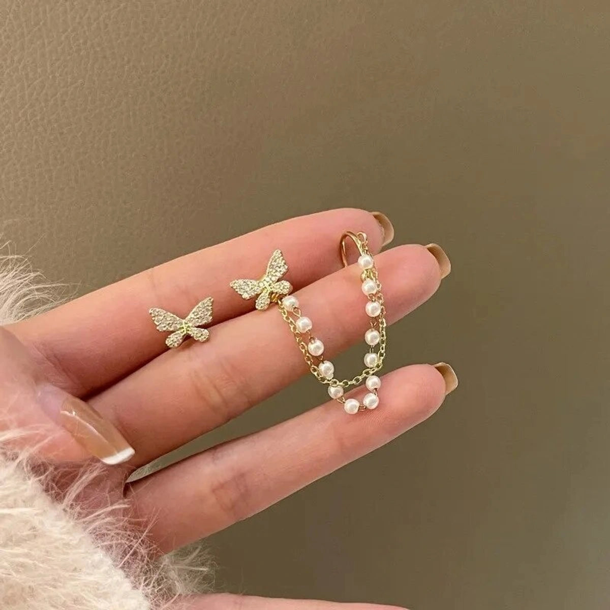 Butterfly Pearl Chain Ear Cuff Earrings