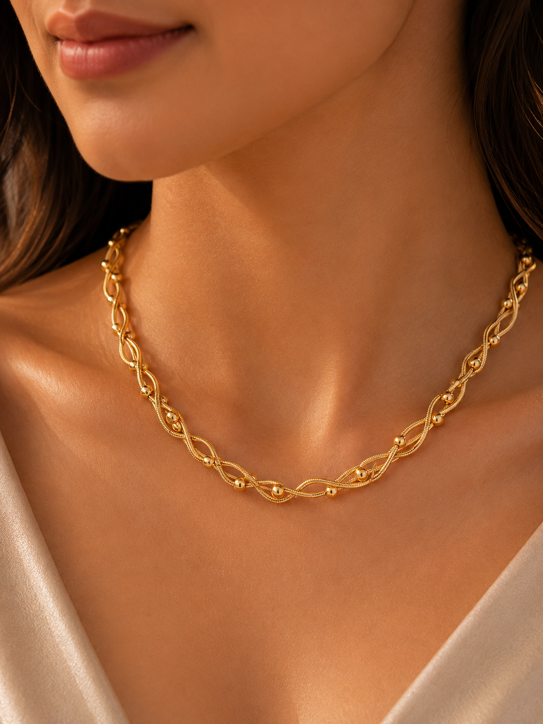 18K Gold-Plated Twisted Beaded Chain Necklace