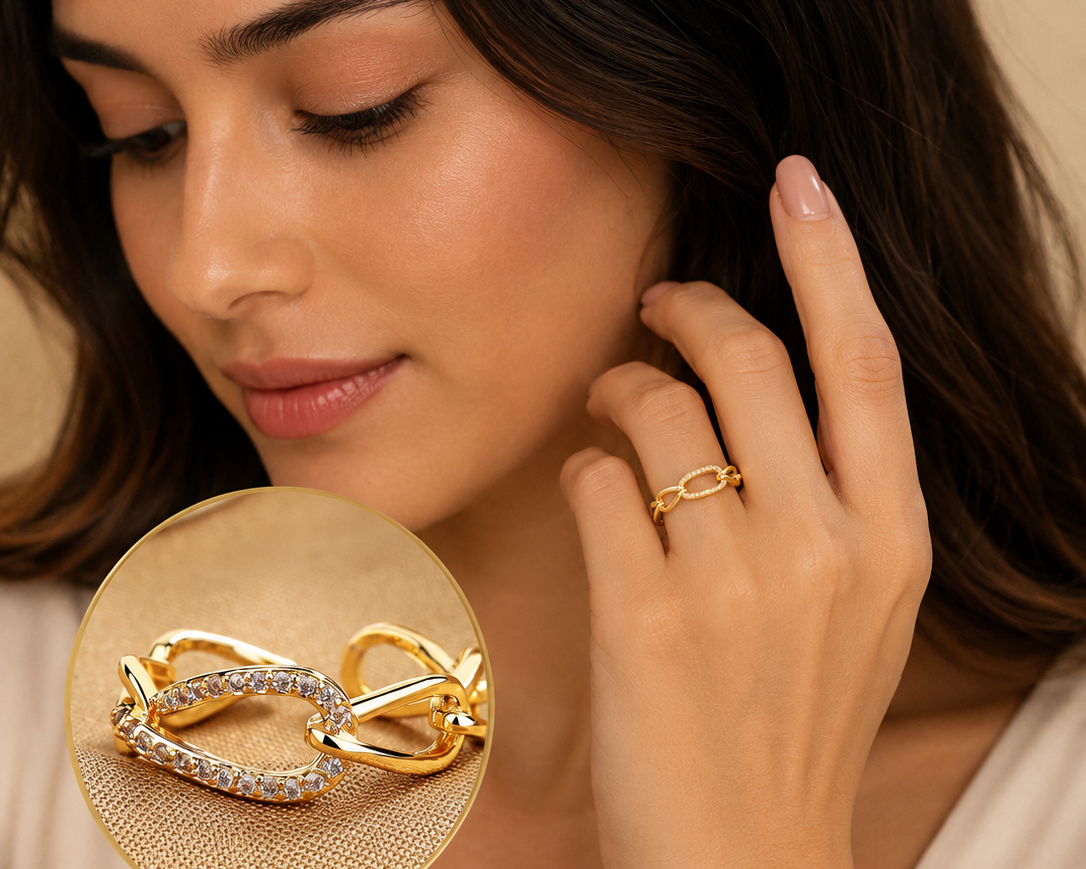 ✨ 18K Gold Plated Stainless Steel Crystal Link Ring ✨