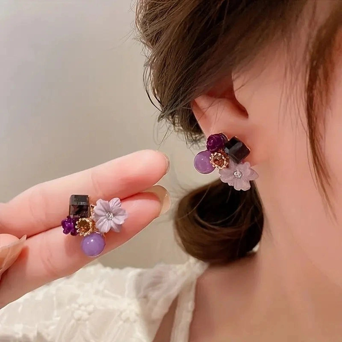 Purple Floral Statement Earrings