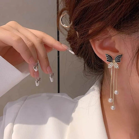 Elegant Butterfly Pearl Tassel Earrings