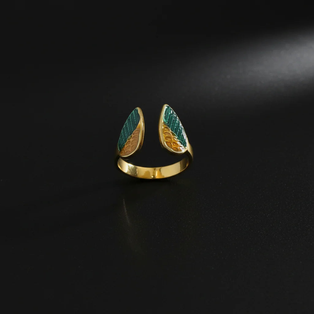 Celeste Bottle Green Enamel Wings Adjustable Ring