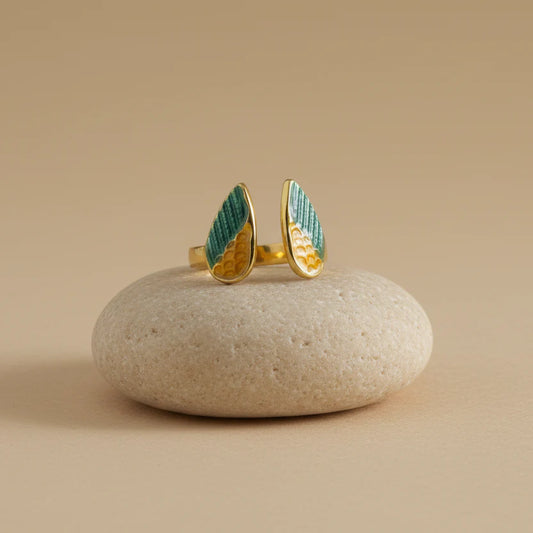 Celeste Bottle Green Enamel Wings Adjustable Ring