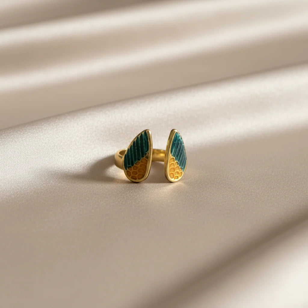 Celeste Bottle Green Enamel Wings Adjustable Ring