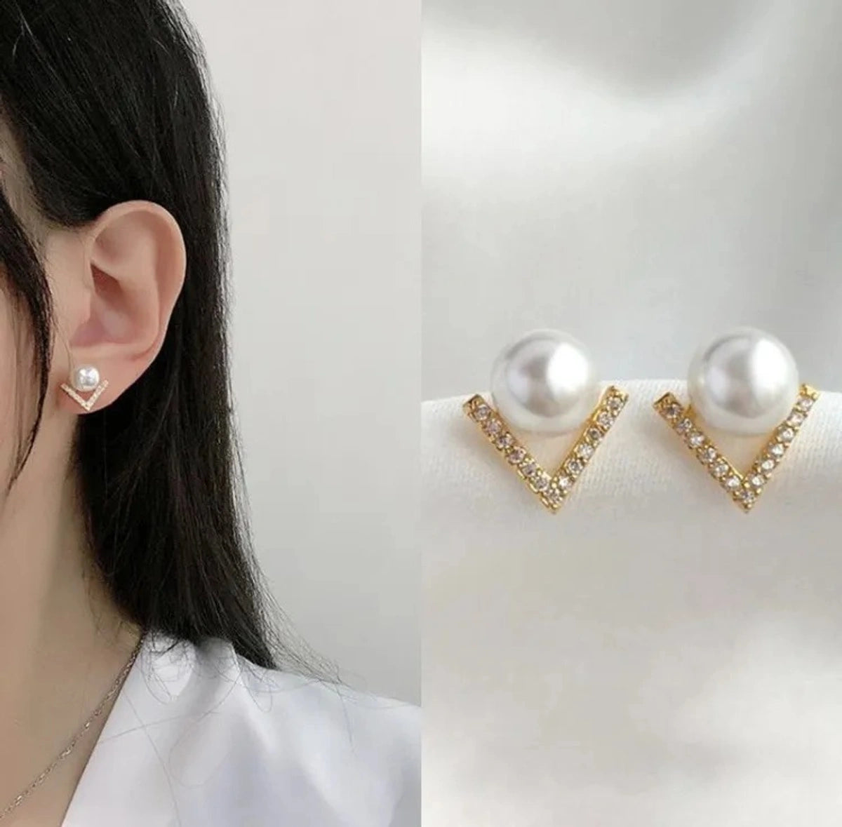 ✨ Pearl V Crystal Stud Earrings