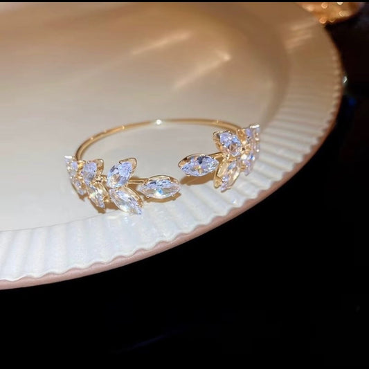 Gold Plated Crystal Leaf Open Cuff Bracelet