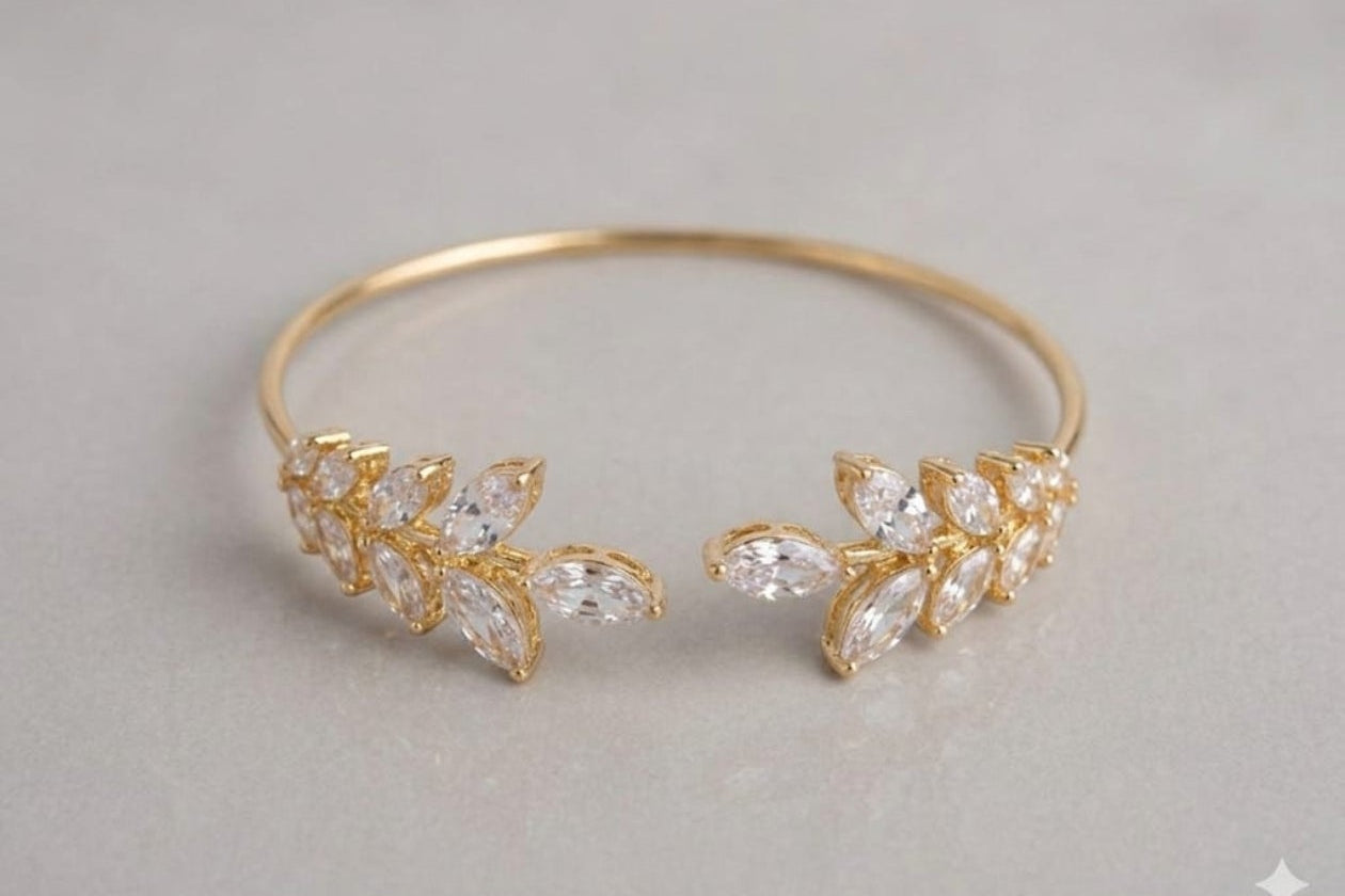 Gold Plated Crystal Leaf Open Cuff Bracelet