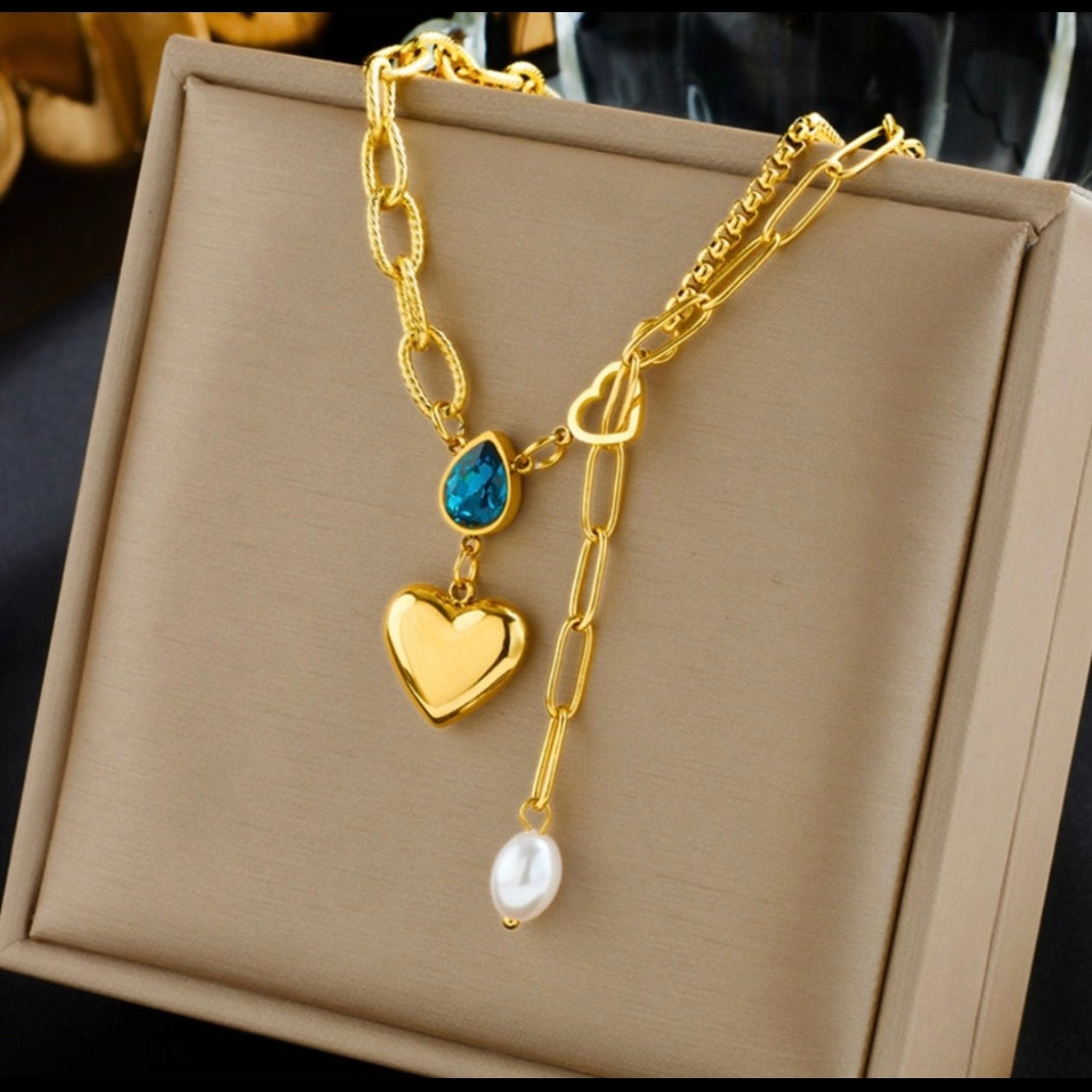 Gold Blue Crystal Heart Pearl Pendant Necklace