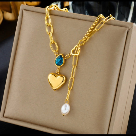 Gold Blue Crystal Heart Pearl Pendant Necklace