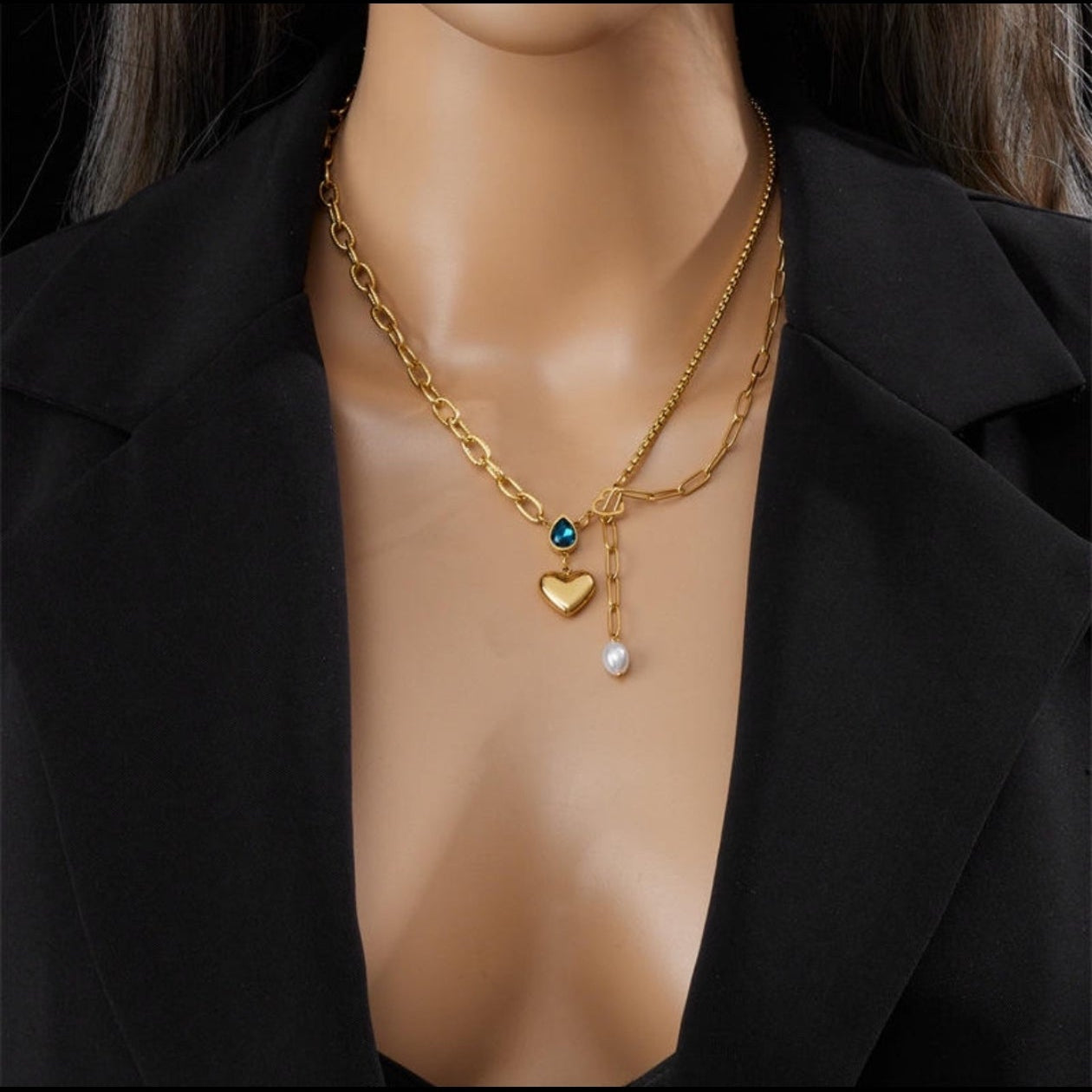 Gold Blue Crystal Heart Pearl Pendant Necklace
