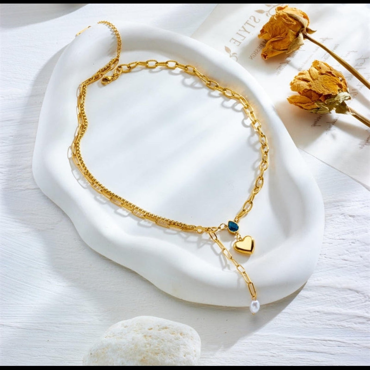 Gold Blue Crystal Heart Pearl Pendant Necklace