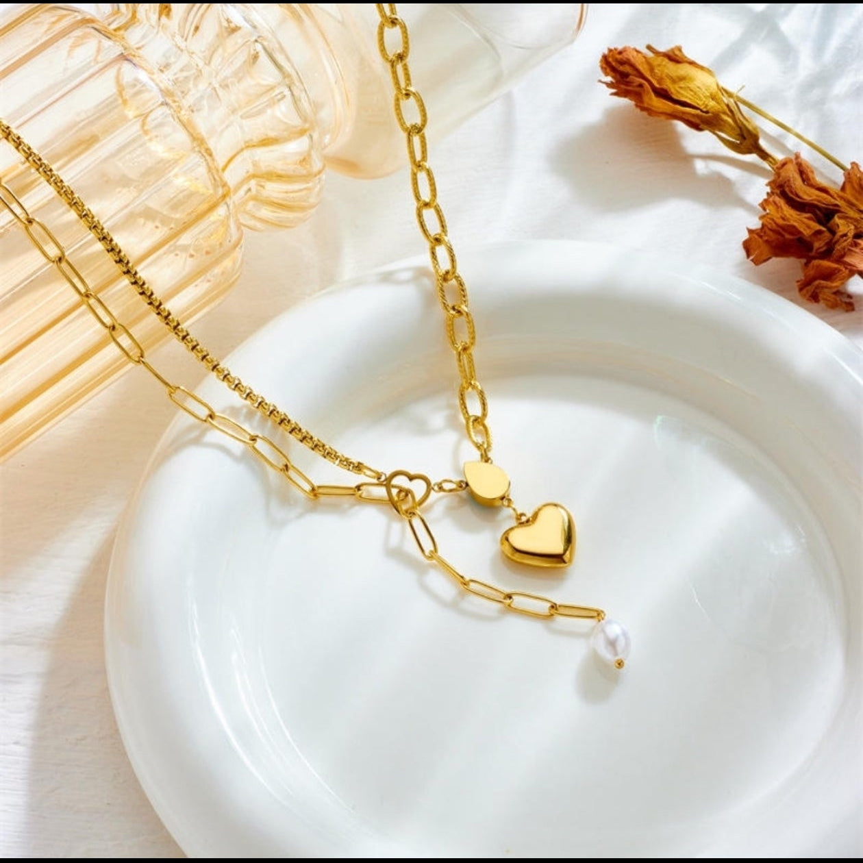 Gold Blue Crystal Heart Pearl Pendant Necklace