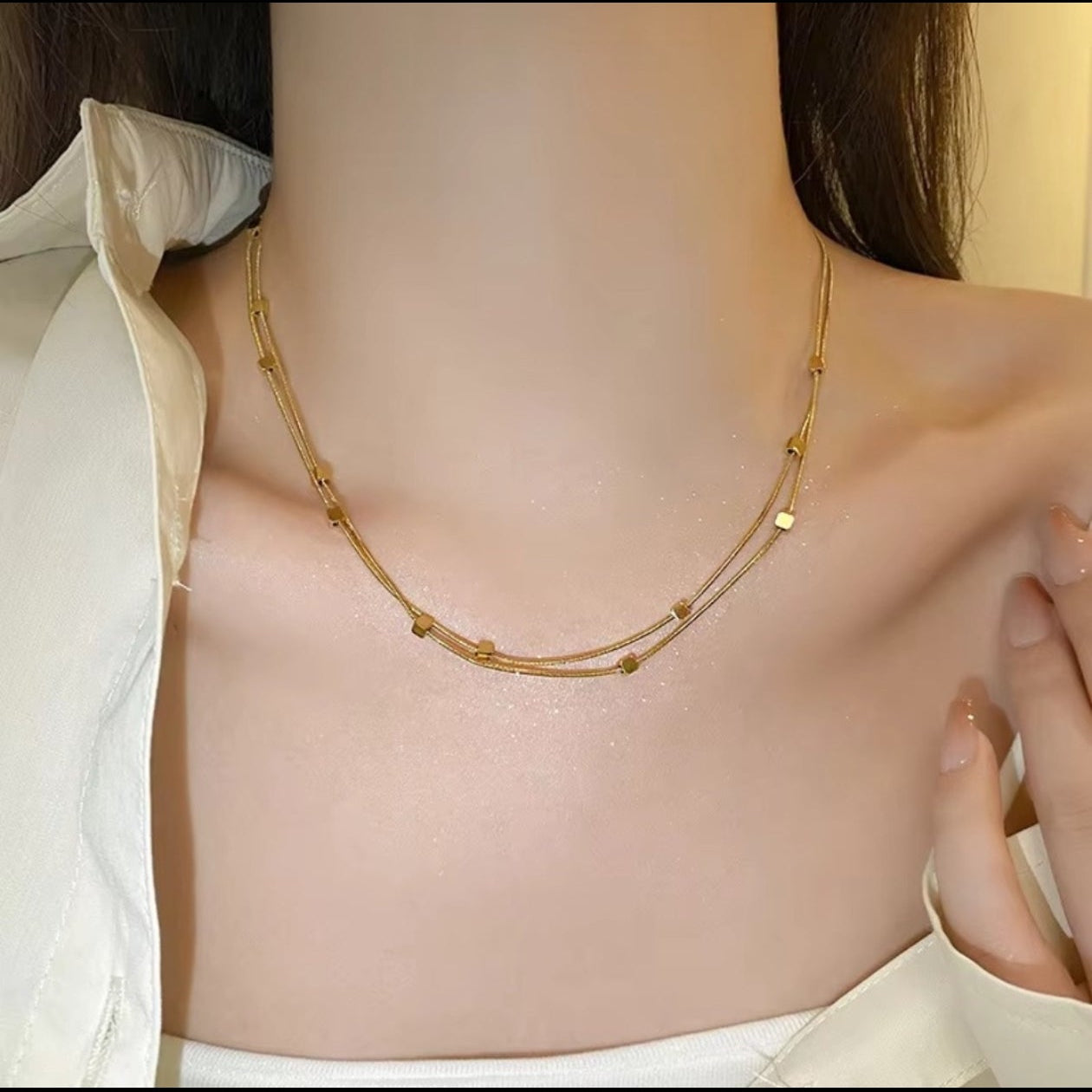 18K Gold-Plated Double-Layer Minimalist Cube Necklace
