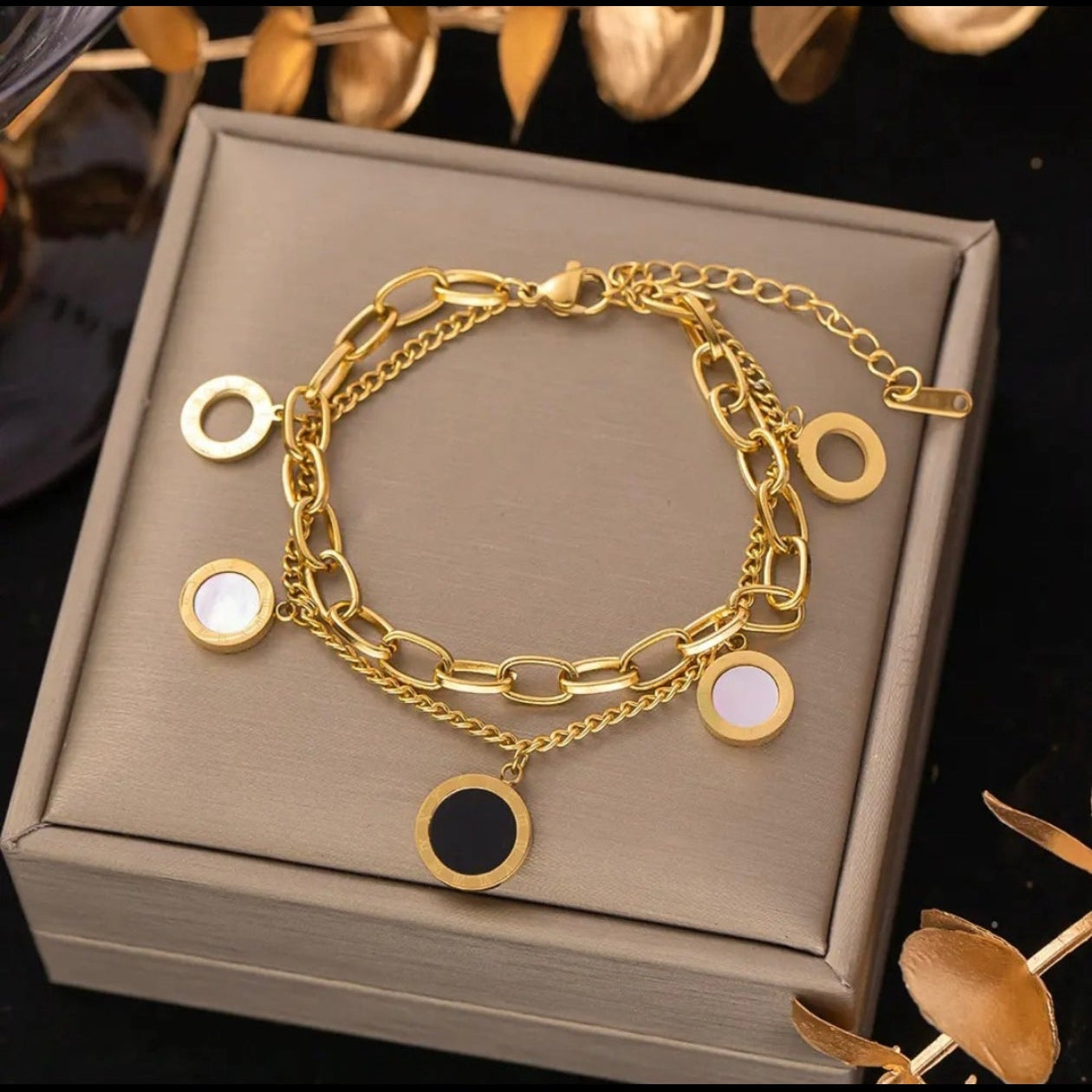 Luxury 18K Gold Plated Black & White Charm Bracelet for Women Premium Adjustable Bracelet