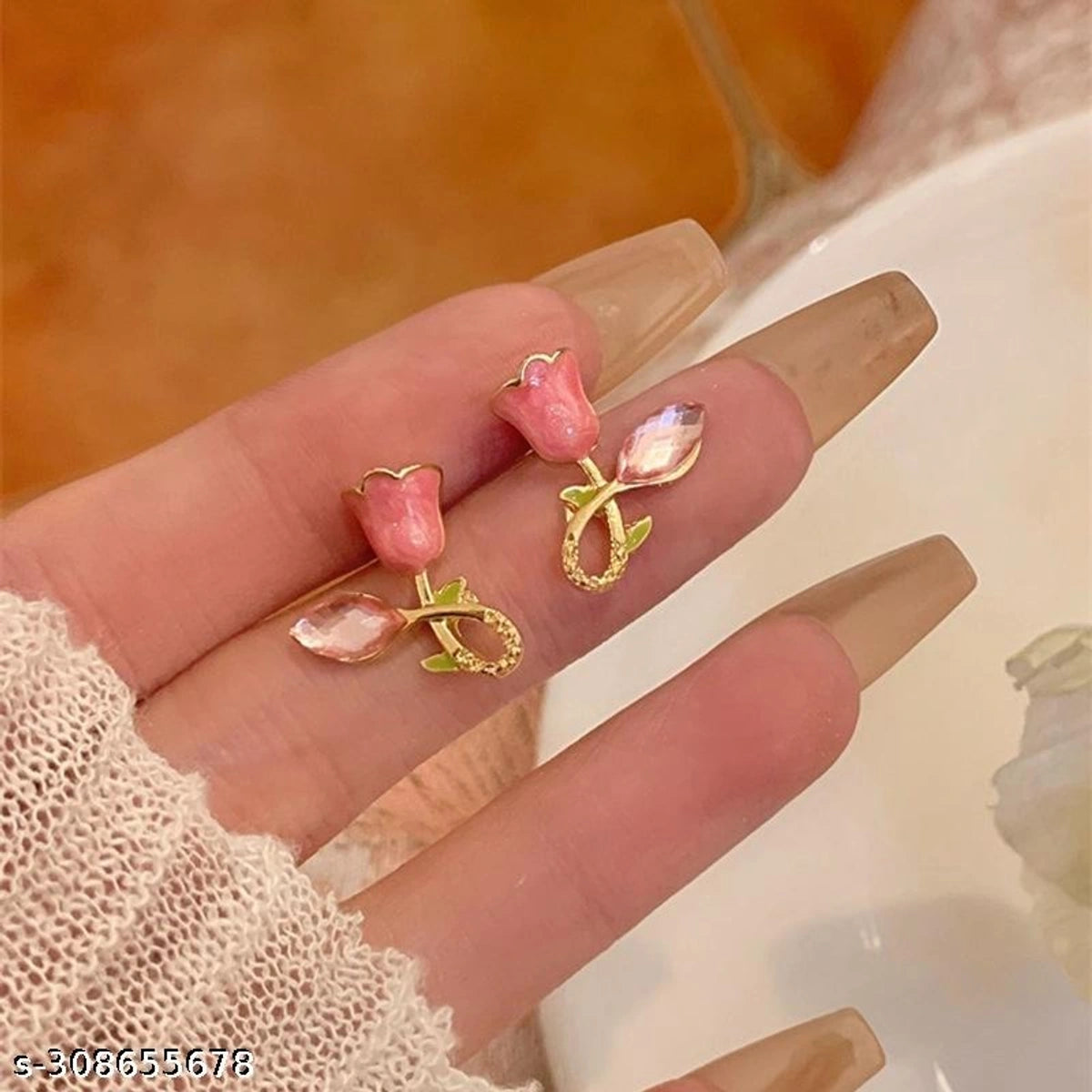 Elegant Pink Rose Crystal Stud Earrings