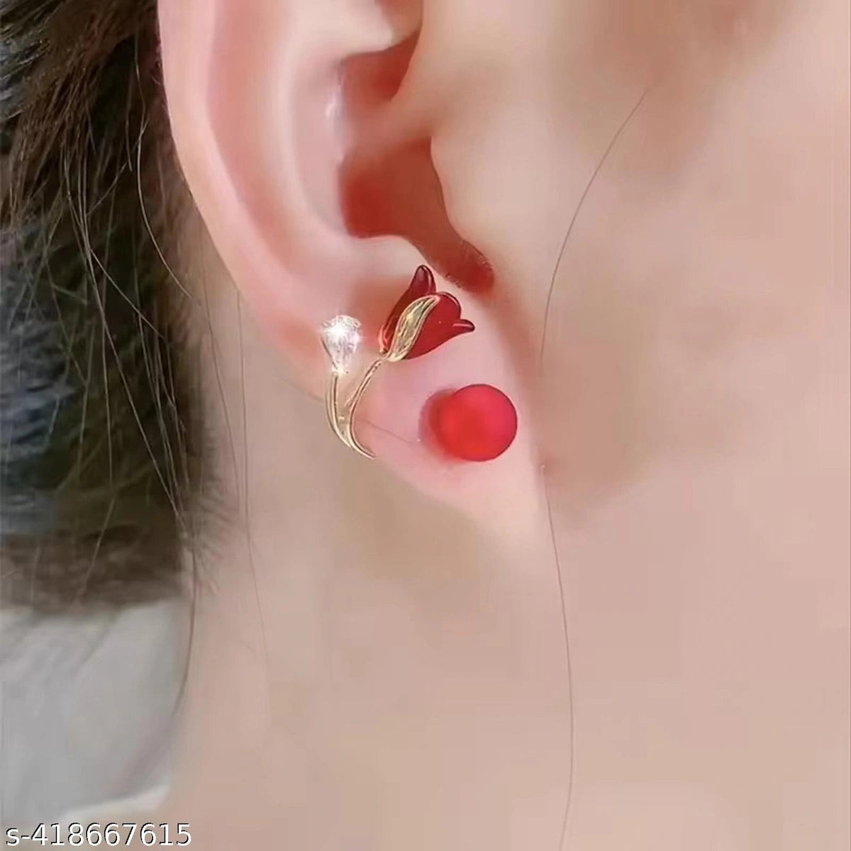 Elegant Red Tulip Pearl Stud Earrings