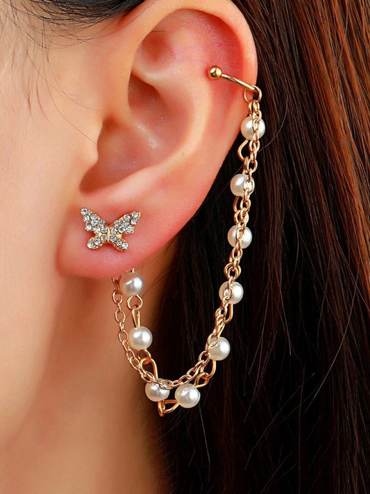 Butterfly Pearl Chain Ear Cuff Earrings