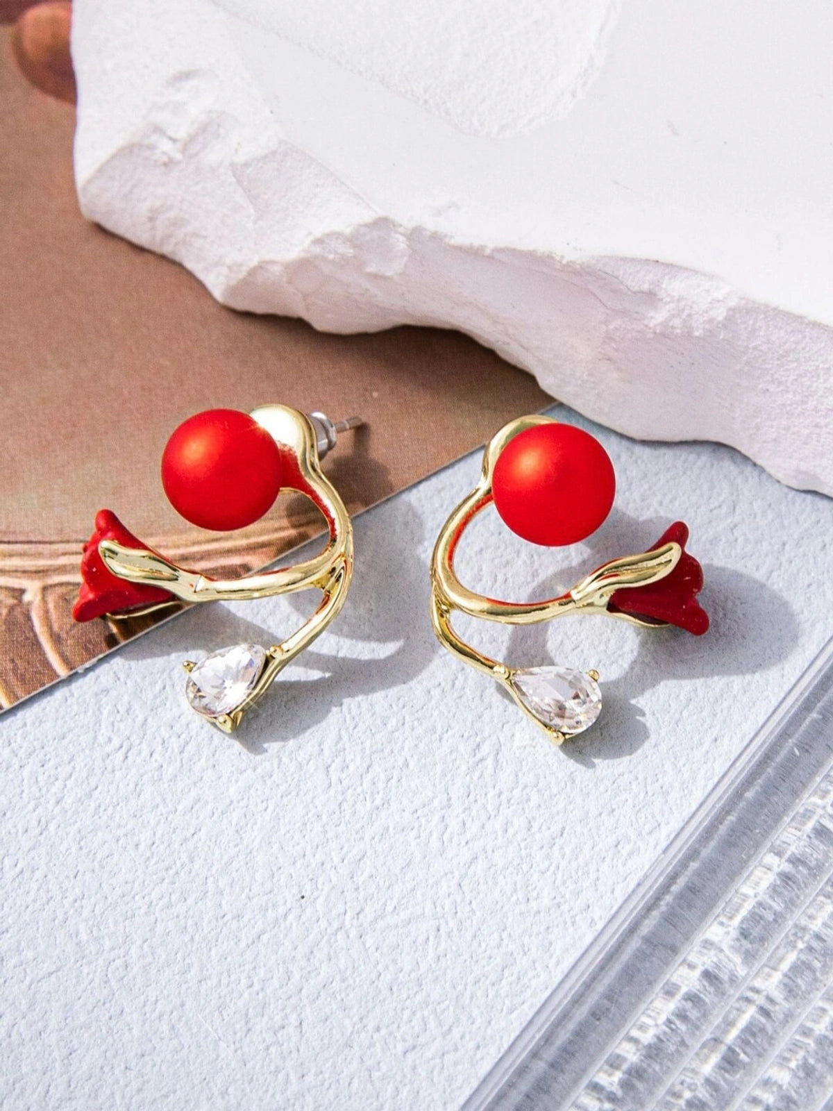 Elegant Red Tulip Pearl Stud Earrings