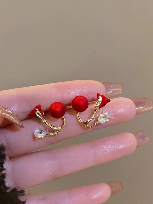 Elegant Red Tulip Pearl Stud Earrings
