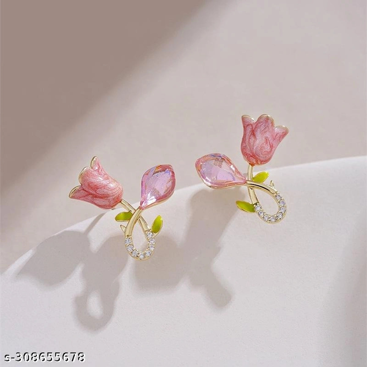 Elegant Pink Rose Crystal Stud Earrings
