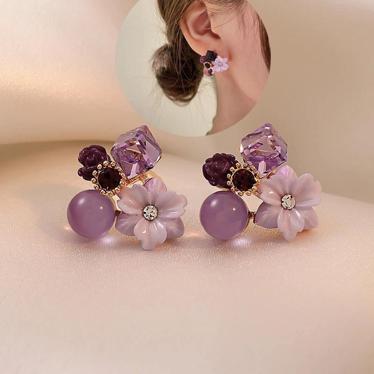 Purple Floral Statement Earrings