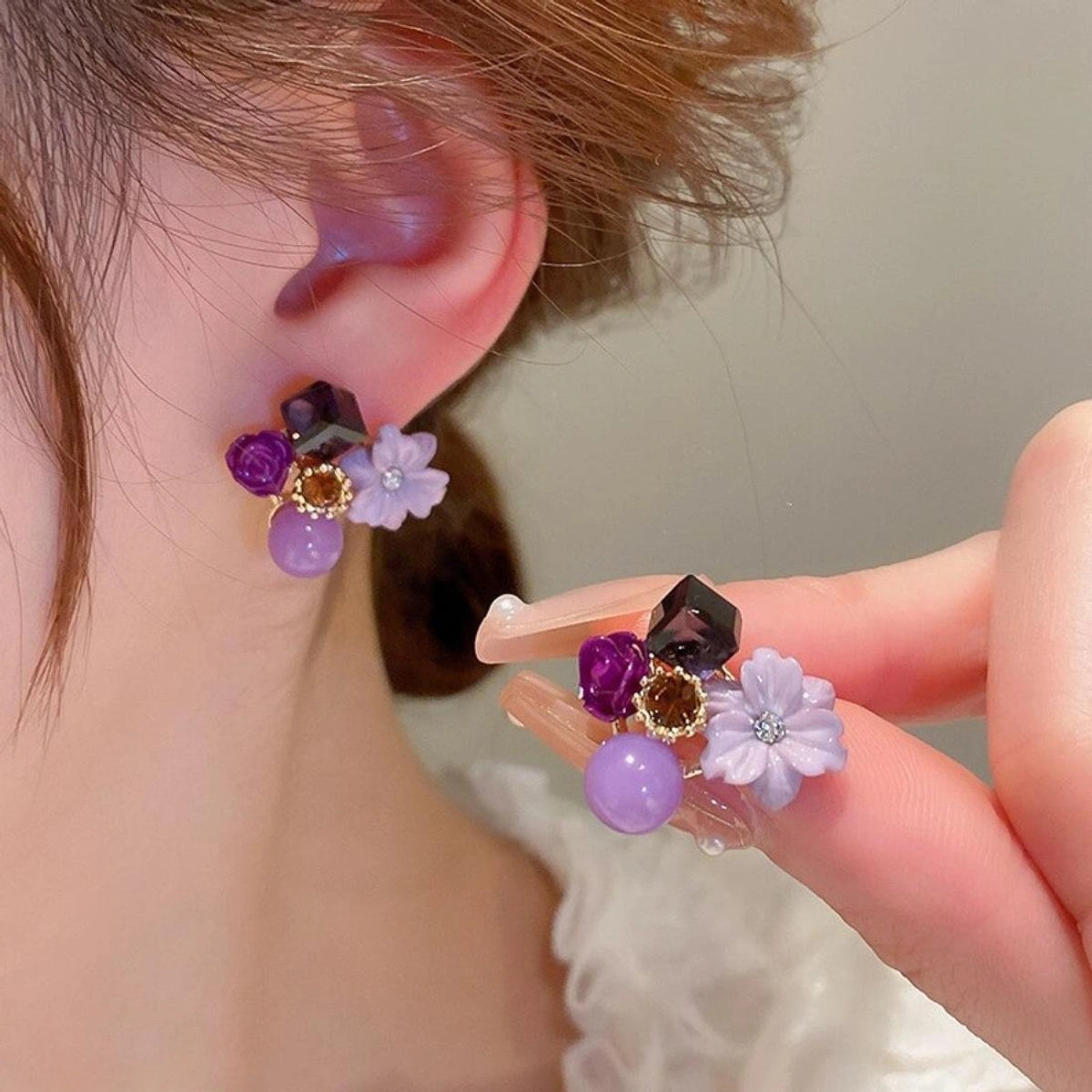 Purple Floral Statement Earrings
