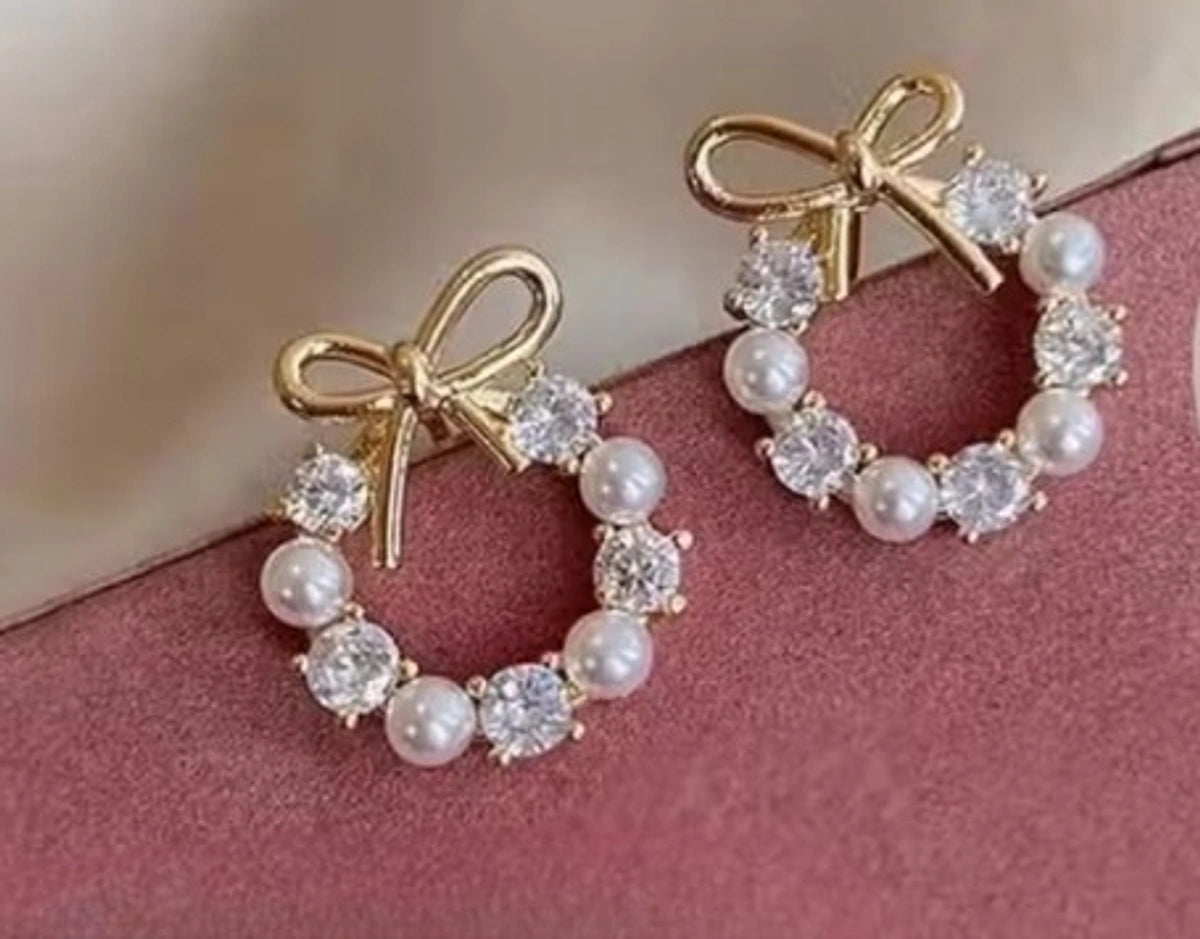 Elegant Pearl Crystal Bow Wreath Earrings 🎀🤍✨