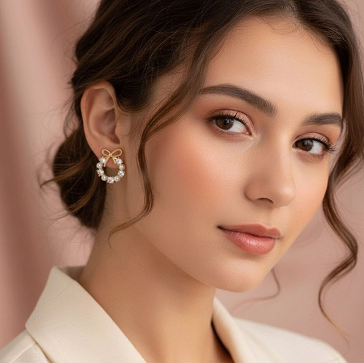 Elegant Pearl Crystal Bow Wreath Earrings 🎀🤍✨